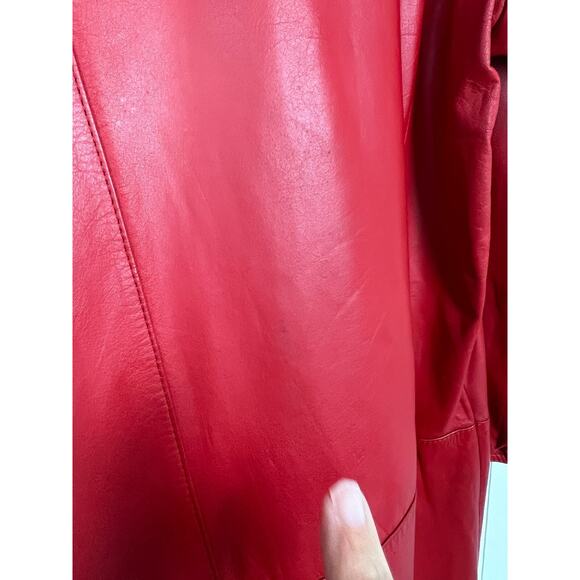 G-III Medium Red Leather Oversized 80s Shoulder Pad Button Closure Long Jacket - Picture 9 of 11